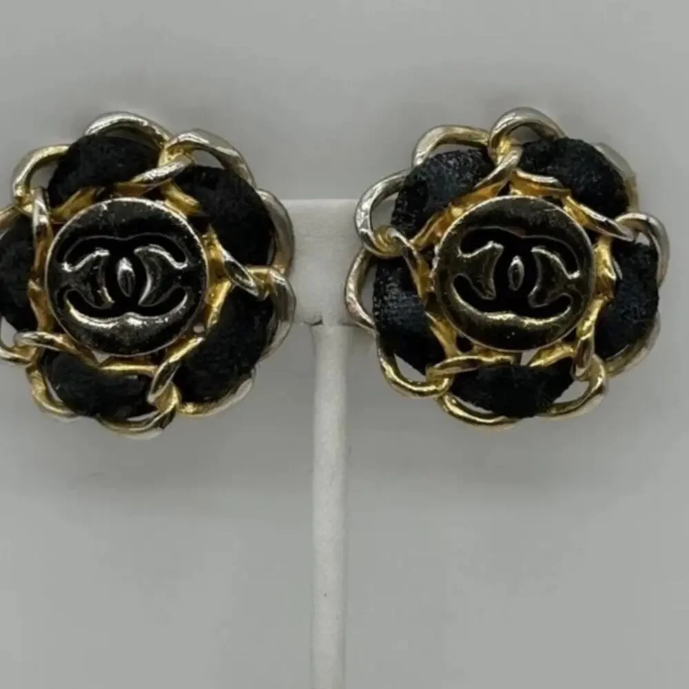 Vintage Authentic Gold Tone Leather Chanel Clip On Earrings